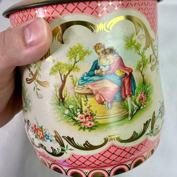 VTG 1920s English Nouveau Rococco Tea Tin Pink Gold Courting Couples Rococo - Picture 8 of 11
